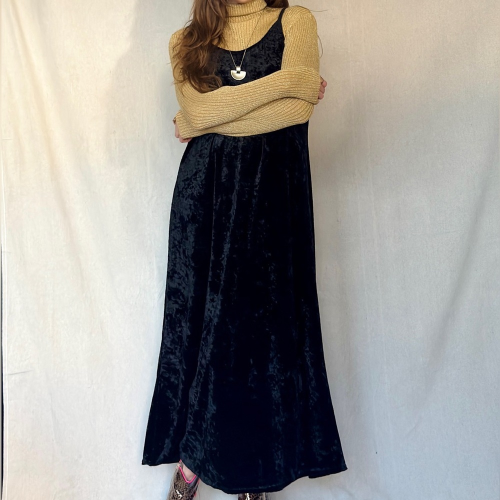 90s Black Strappy Crushed Velvet Maxi Dress